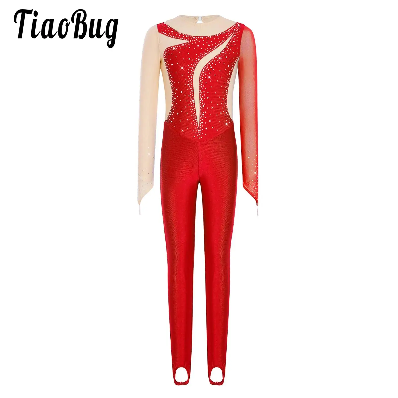 

Kid Girls Figure Ice Skating Full Body Leotards Jersey Jumpsuit Long Sleeve Rhinestones Unitard Gymnastics Performance Dancewear