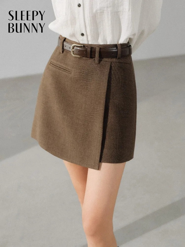 

Elegant Wool-Like A-Line Mini Skirt for Women High Waist Asymmetrical Wrap Skirt Winter Office Commuter Short Skirt for Lady
