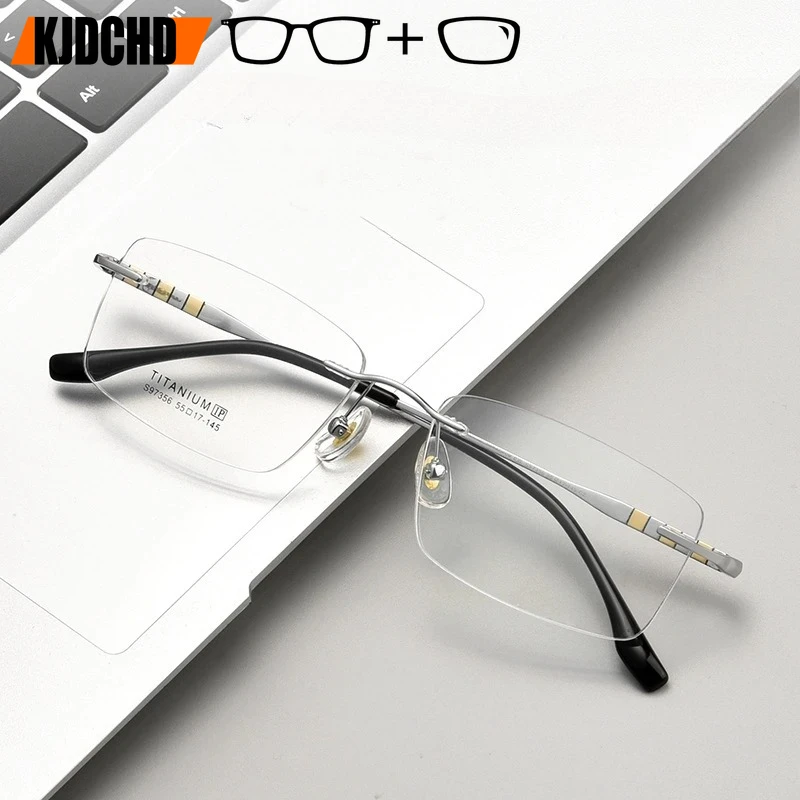 KJDCHD Men Optical Prescription Rimless Glasses Blue Light Blocking Photochromic Anti-Reflective Anti-Scratch Recipe Eyewear
