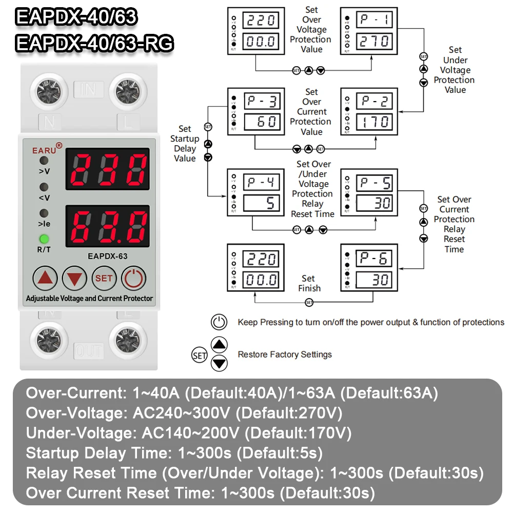 Dual Display 40A 63A AC 230V Adjustable Digital Over Under Voltage Device Protector Relay Limit Over Current Protection Din Rail