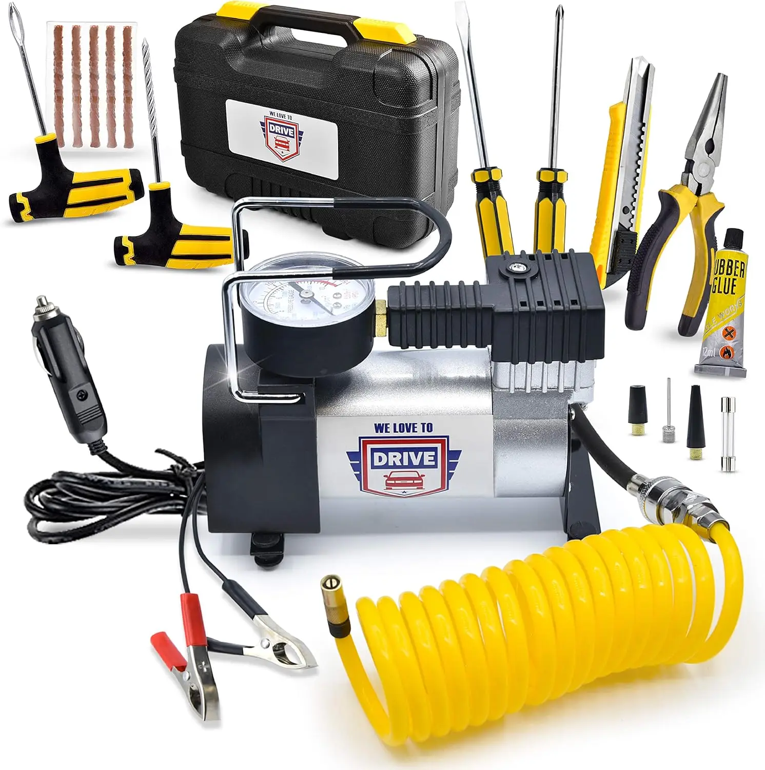 

Portable 12V Air Compressor for Car Tires, 150 PSI with Tire Pressure Gauge and Repair Kit