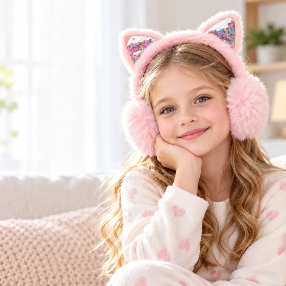 Kids Pink Cat Ear Earmuffs Girls Plush Headband Colorful Star Sequin Ear Muffs Cute Children Winter Outdoor Fashion Accessory