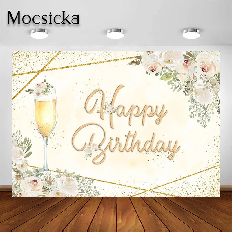 

Mocsicka Happy Birthday Party Backdrop Champagne Rose Party Background Adults Portrait Photo Studio Prop Party Decoration Banner