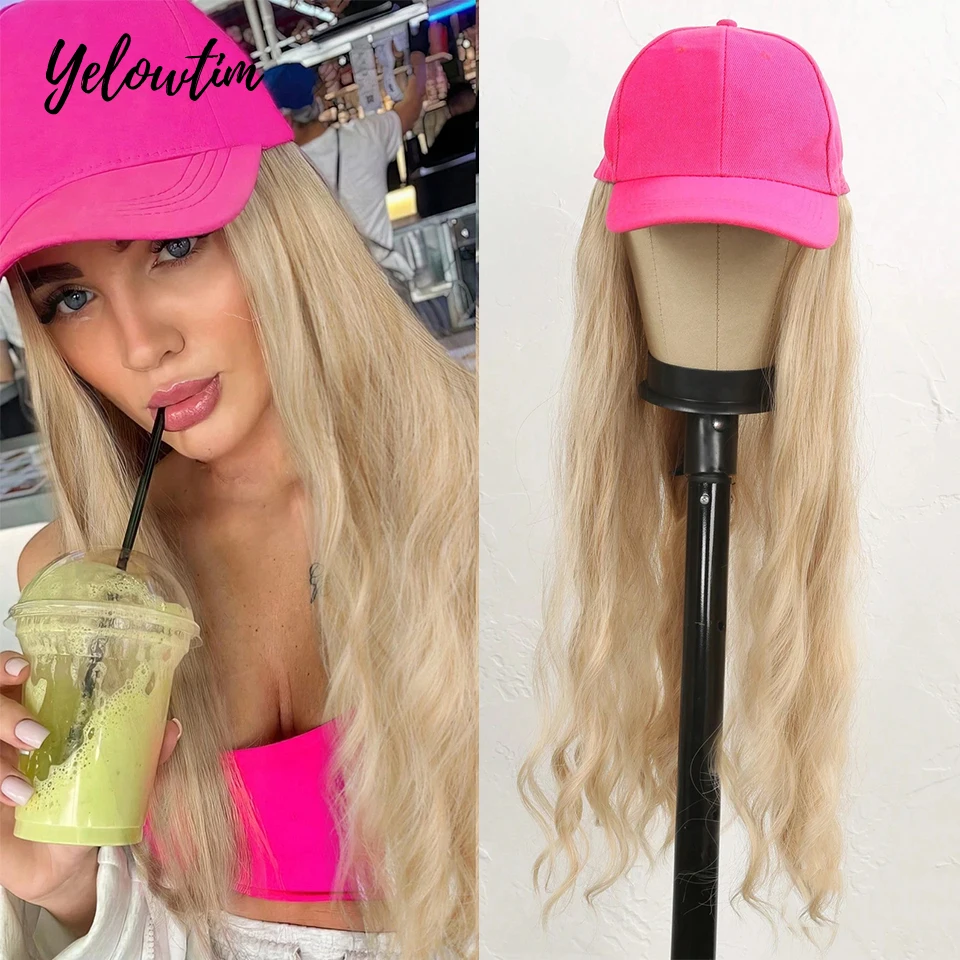 

Rose Pink Hat wigs Cap with Hair Hat Wig Blonde Curly Wavy Hair Extensions Synthetic Hair Women Daily Party High Temperature
