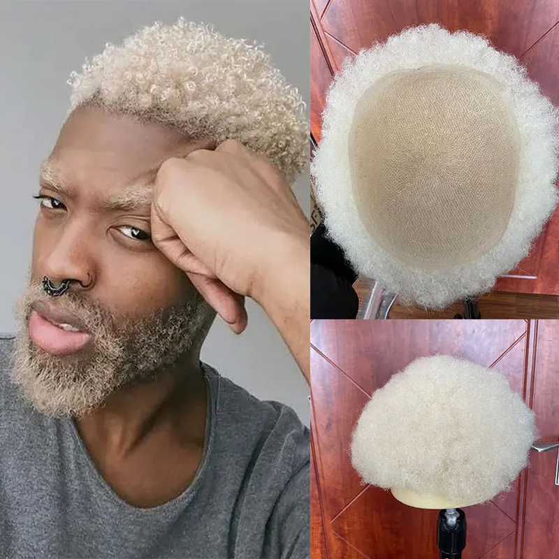 

African American Wigs Full Swiss Lace Afro Curly Human Hair Pure White Hair 10x8inch Toupee For Men Human Hair Men's Toupee