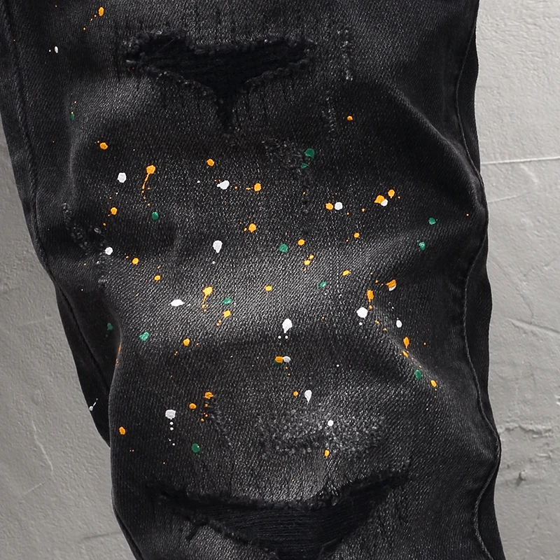 High Street Designer Fashion Men Jeans Retro Black Gray Stretch Slim Fit Painted Ripped Jeans Men Hip Hop Vintage Denim Pants