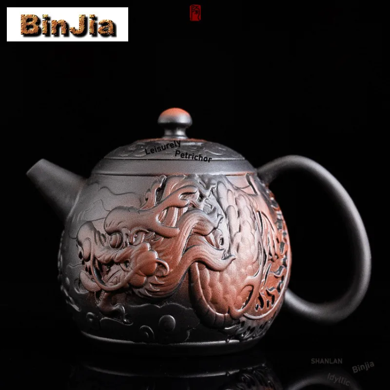 

Рельефный дракон Феникс ручной работы, фиолетовый керамический чайник, японский чайник, горшок для заварки чая, чайник с фильтром, украшение для посуды для напитков