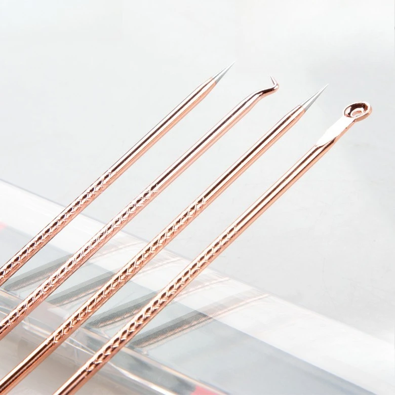 Kit per la rimozione della testa nera in acciaio inossidabile 4 pezzi Strumenti per l'estrazione del comedone in oro rosa Cura delicata delle imperfezioni dell'acne Detergente per il viso per uso domestico