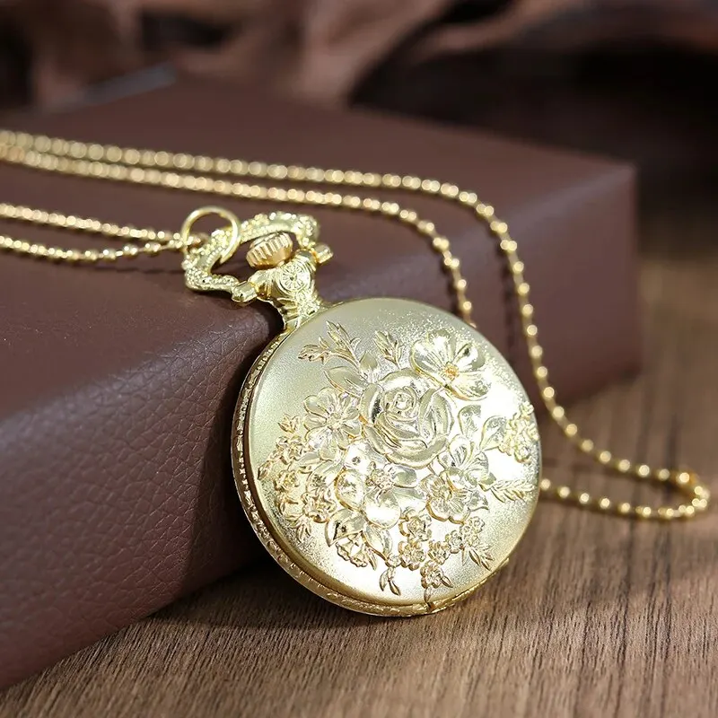 Luxe gouden bloem quartz zakhorloge dubbelzijdig bedrukt modeontwerp hanger fob horlogeketting cadeaus voor mannen