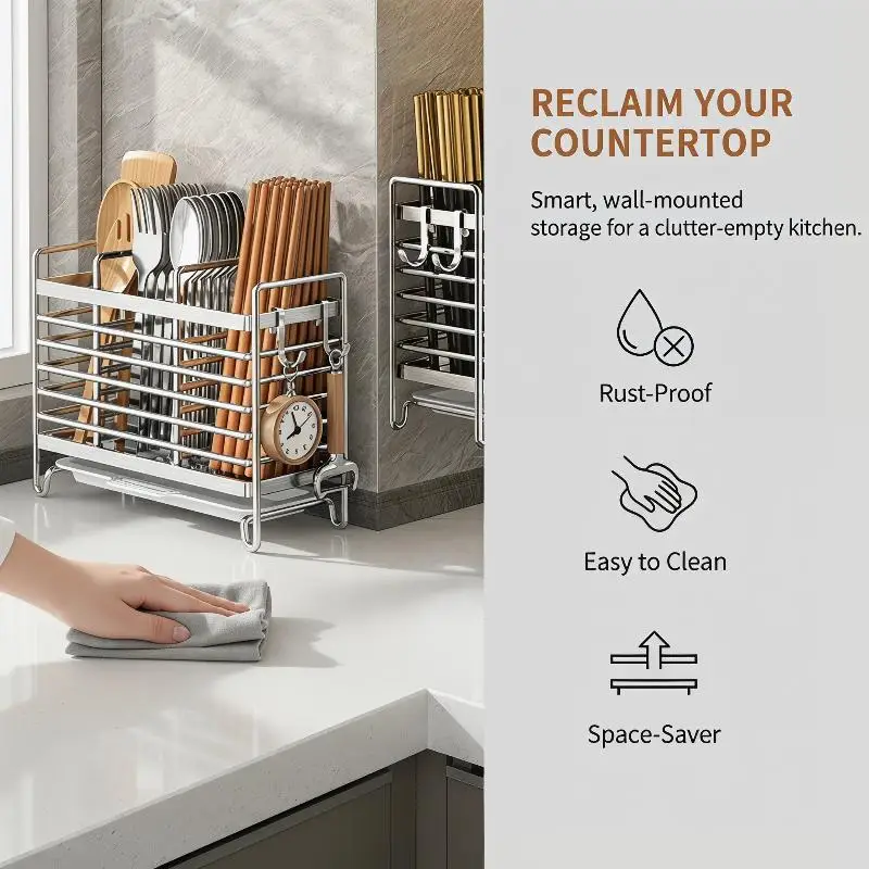 Wholesale Stainless Steel Household Chopstick Holder Knife Holder Chopsticks Spoon Tableware Integrated Storage Rack Countertop