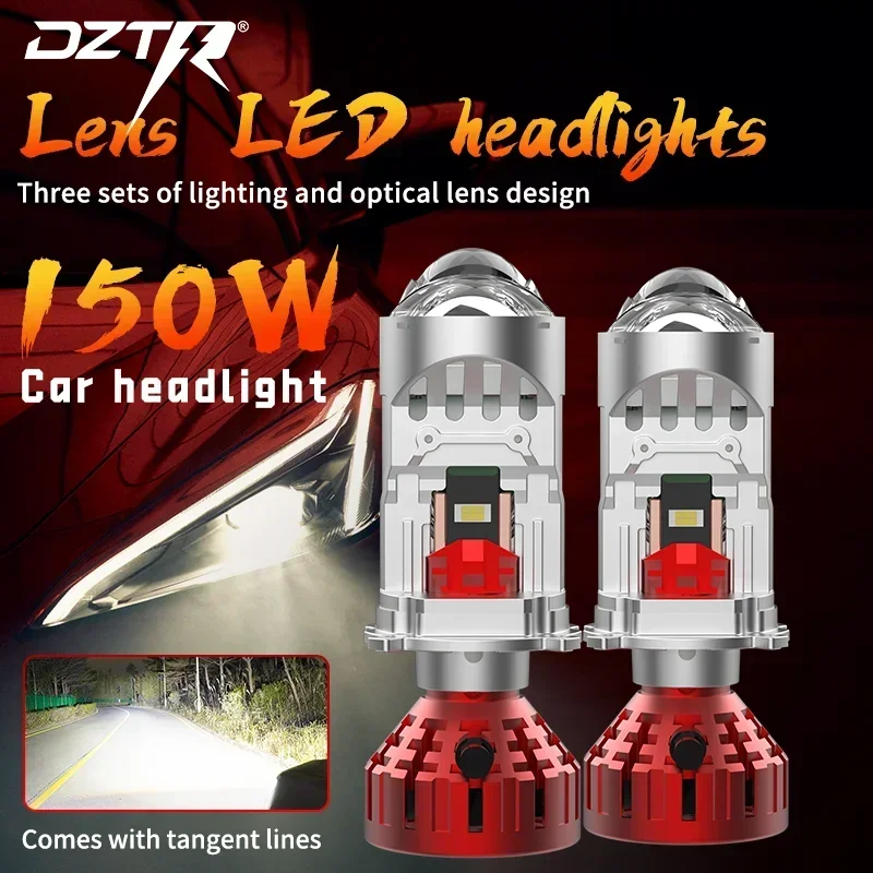 DZTR Car LED Headlight H4 Mini Projector Len 12v24v 150W 3 light bulbs Single direct shooting + far light supplementary lighting