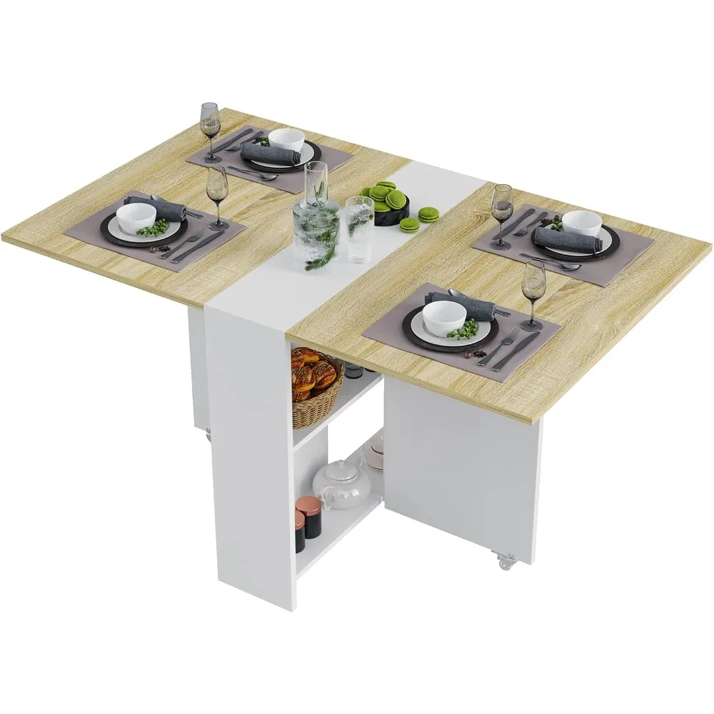 Mesa de comedor plegable, mesa de cena versátil con 6 ruedas y 2 estantes de almacenamiento, mesa de comedor que ahorra espacio