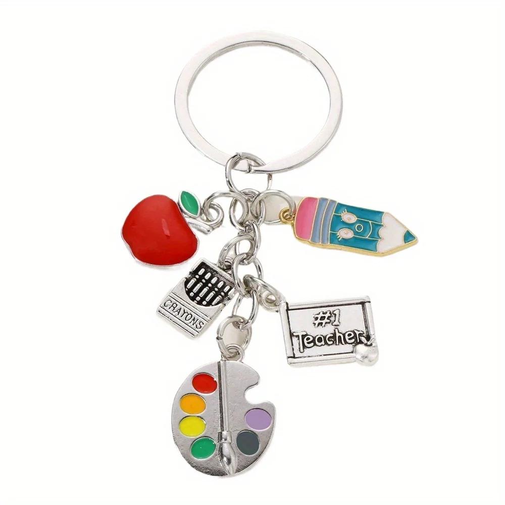 Oil Pencil Silvery Red Apple Drawing Board, Keychain Gift for Teachers Classmates, Five-Section Chain Graduation Season Keychain