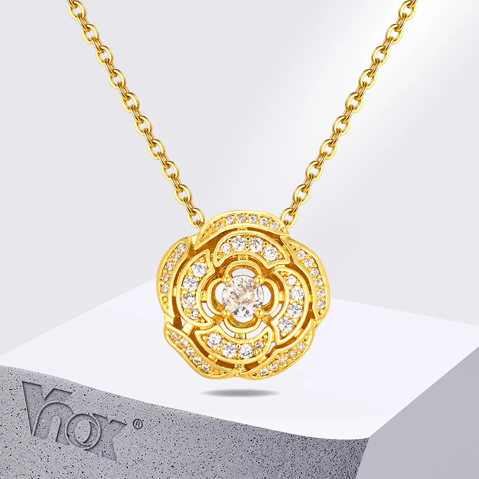 תליון זהב vnox scz פרח אבן תליון שרשראות לנערות, צווארון מתכת מצופה זהב, תליון aaaaaa מלא זרקון