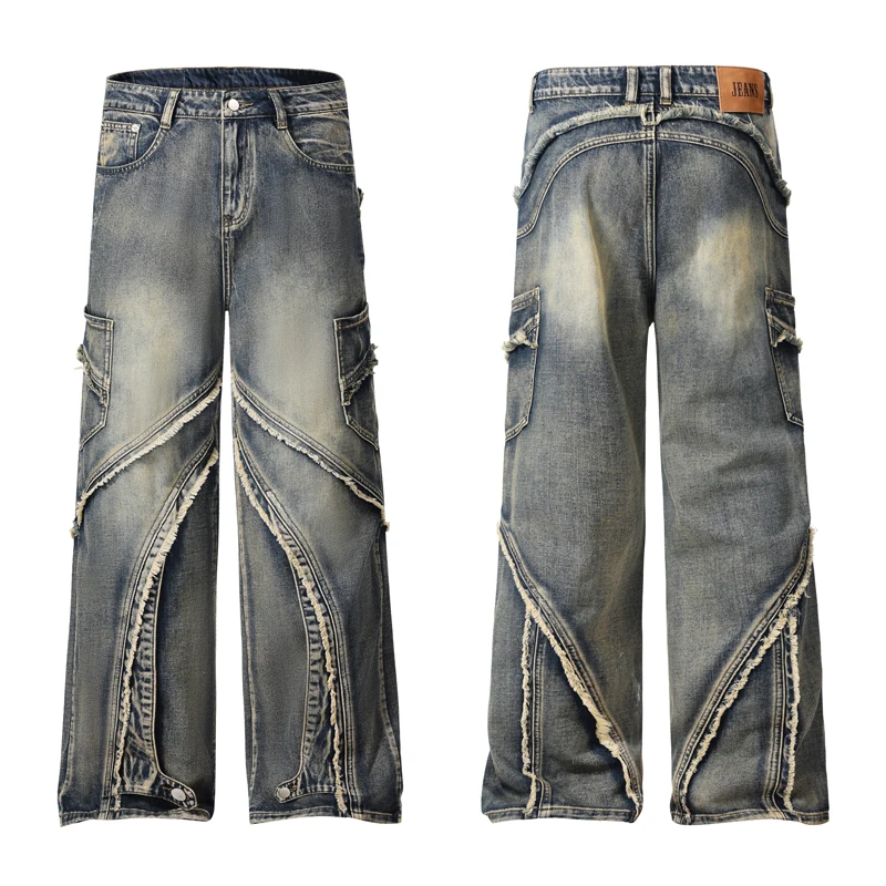 

Retro Street Style Vintage Yellow Mud Washed Denim Jeans With Men'S Design Sense Spliced With Hanging And Slightly Flared Pants