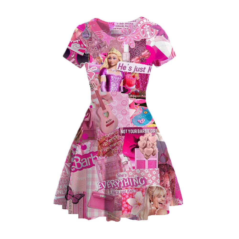 2024 Girls Summer Short sleeved Barbie Princess Dress Set with Cute Pattern 3D Printing Clothes for Children's Fashion Girls