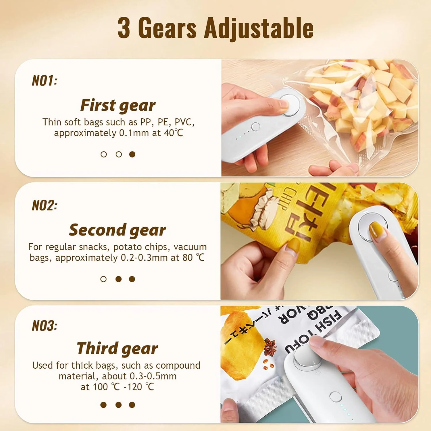 ミニバッグシーラー 2 in 1 ヒートシーラー付き、ポータブルフードシーラー食品用ミニシール機、ビニール袋、調整可能なギア