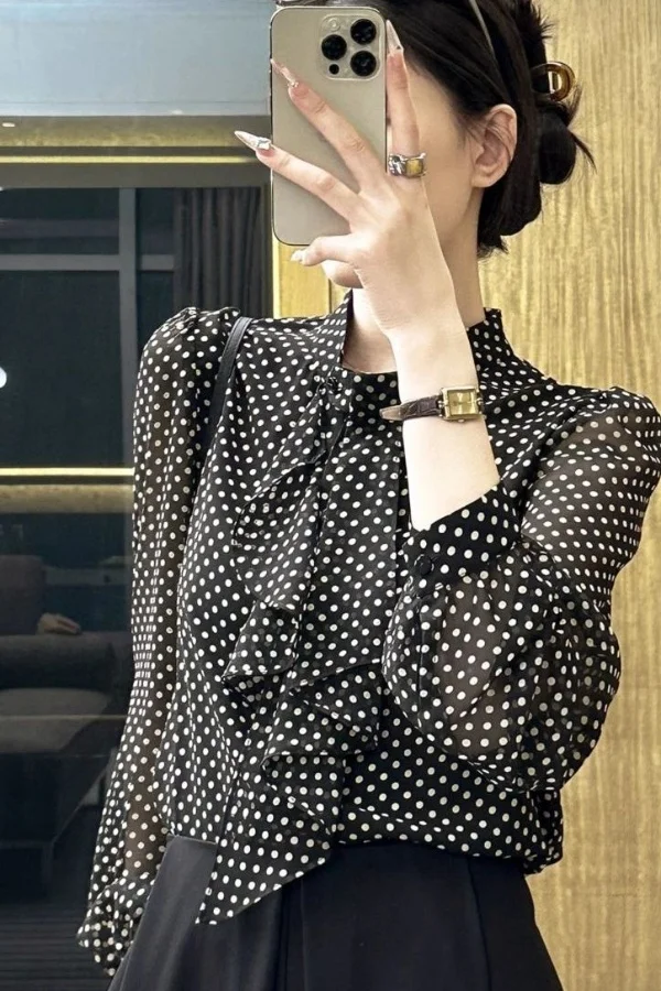 

Polka Dot Bow Tie Blouse With Flowy Sleeves Loose Fit Elegant Spring Top