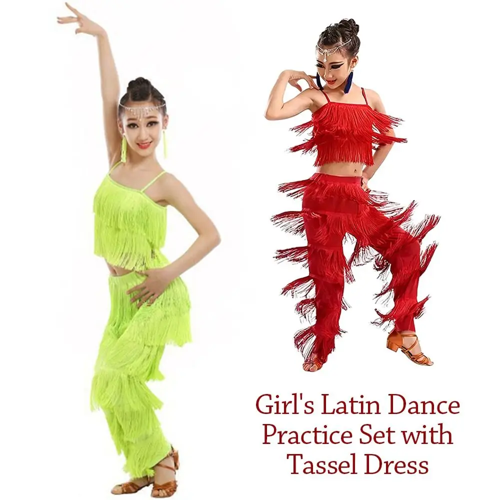 

Fashion Tassel Latin Dance Pantsuit Professional Cha Cha Ballroom Dance Costume Rumba Pants Stage Outfits Children Girls