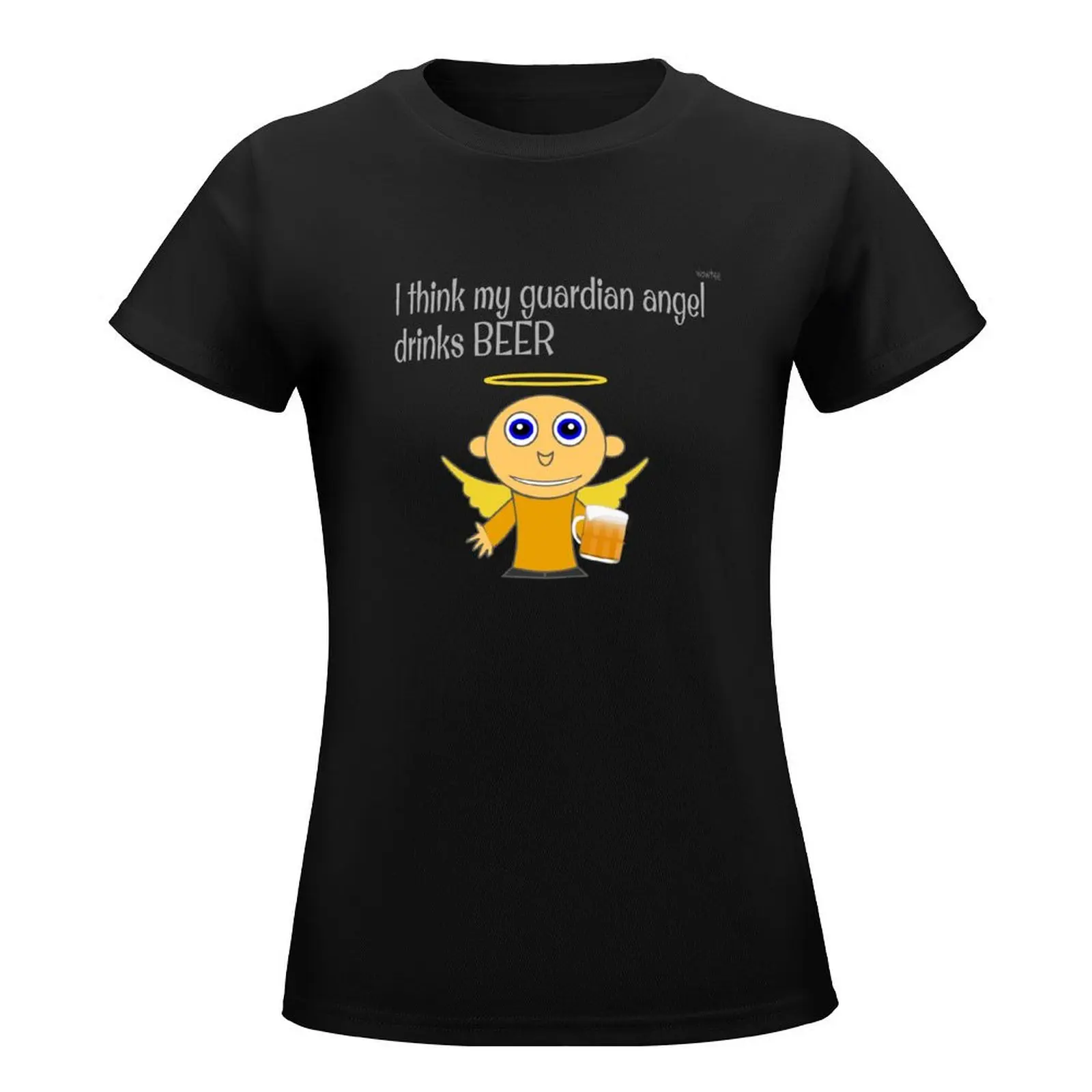 I think my guardian angel drinks Beer T-Shirt hippie clothes Short sleeve tee Women clothing