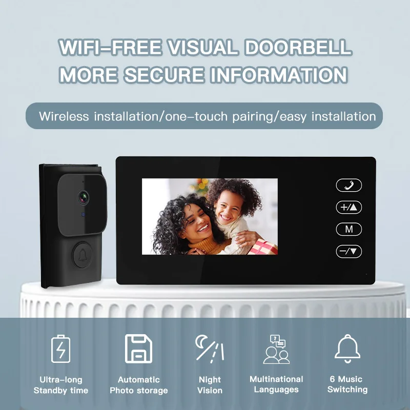 

Видеодомофон с 4,3-дюймовым дисплеем, беспроводной, с двусторонней аудиосвязью, ночным видением, мониторингом двери, умная камера безопасности для дома