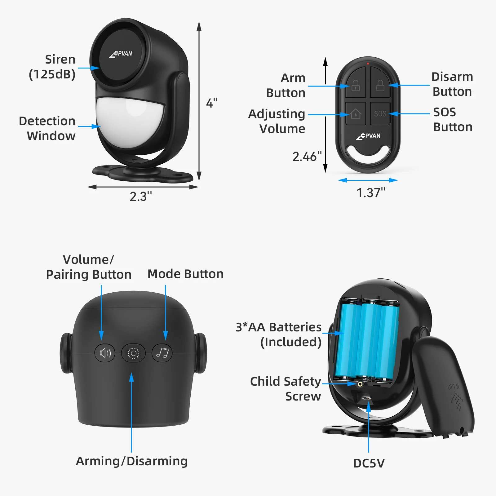 CPVAN-Detector de movimiento para el hogar, alarma de protección de seguridad antirrobo, Sensor de movimiento PIR inalámbrico de 433MHz con alarma de sensor de puerta y RC