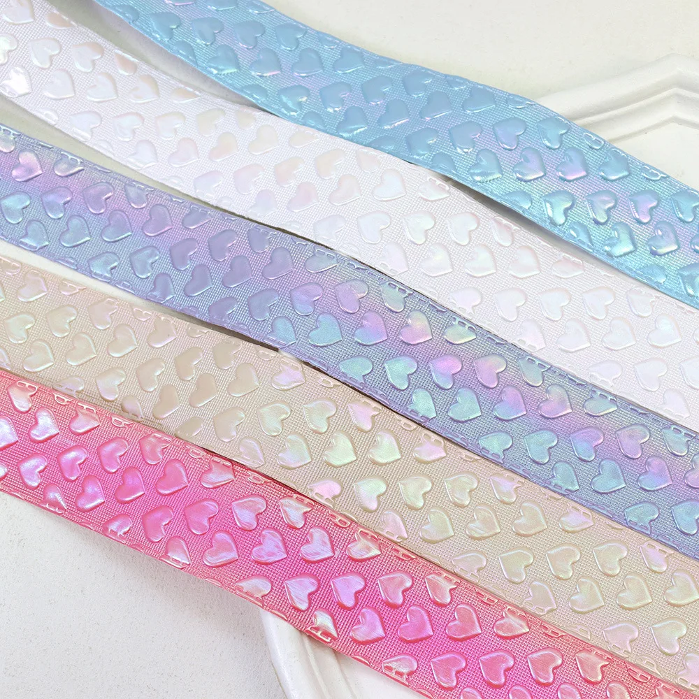 38mm Hologram Rainbow 3D Hearts PU Ribbon 25 Yards/Roll for Gift Wrapping DIY Craft Sewing Party Decoration Custom Print Welcome