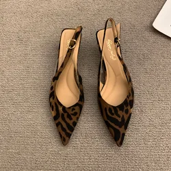 2024 Summer Leopard New Brand Women Sandal Fashion Pointed Toe Shallow Ladies Elegant Slingback Shoes Thin Med Heel Pumps