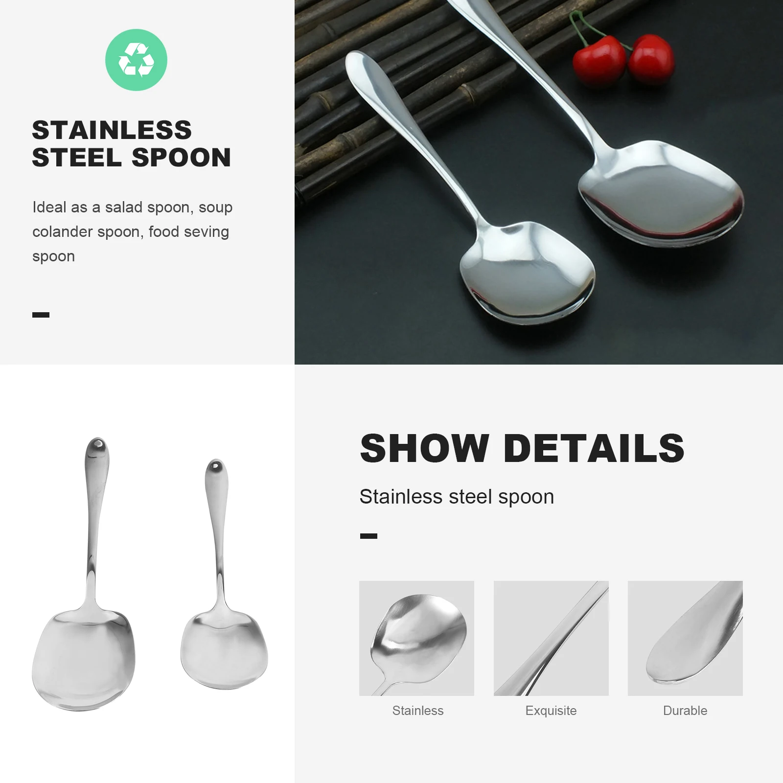 

2pcs Stainless Steel Salad Soup Colander Spoon Food Draining Spoon Sturdy Smooth Handle Easy Clean Western Dinnerware Utensil