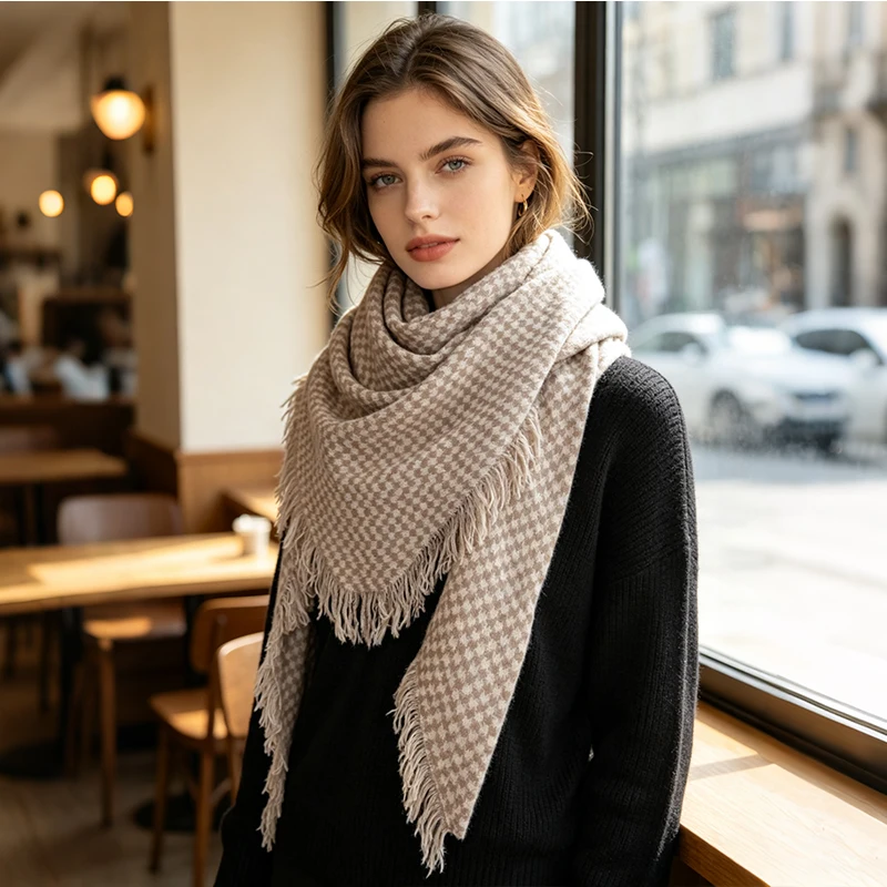 100% Pure Cashmere Triangle Scarf Women Houndstooth Tassel Shawl Wrap Soft Warm Neck Cover Winter Office Travel Luxury Gift