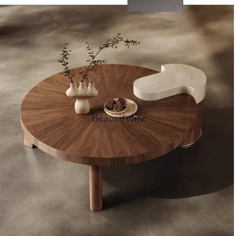 

yj32 Retro style Italian travertine coffee table solid wood living room modern round light luxury home