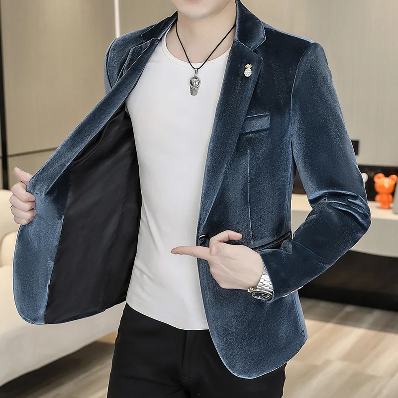 

Блейзер: Мужской пиджак в корейском стиле из золотистого бархата для деловых встреч, свадеб и повседневной носки, приталенный крой, молодежный дизайн.