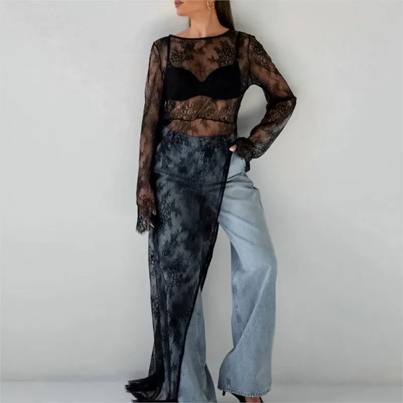 

High Street Style Black Lace See-through Slit Asymmetrical Dress New Fashion All-match Dress Round Neck Evening Party Maxi Dress
