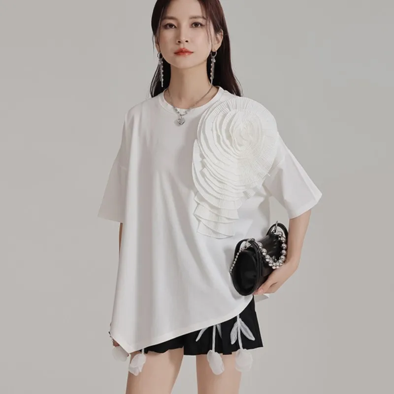 Johnature Casual Pleated Three-dimensional Flower Short Sleeve T-shirts 2024 Summer New Irregular Loose Crew Neck Tops Women