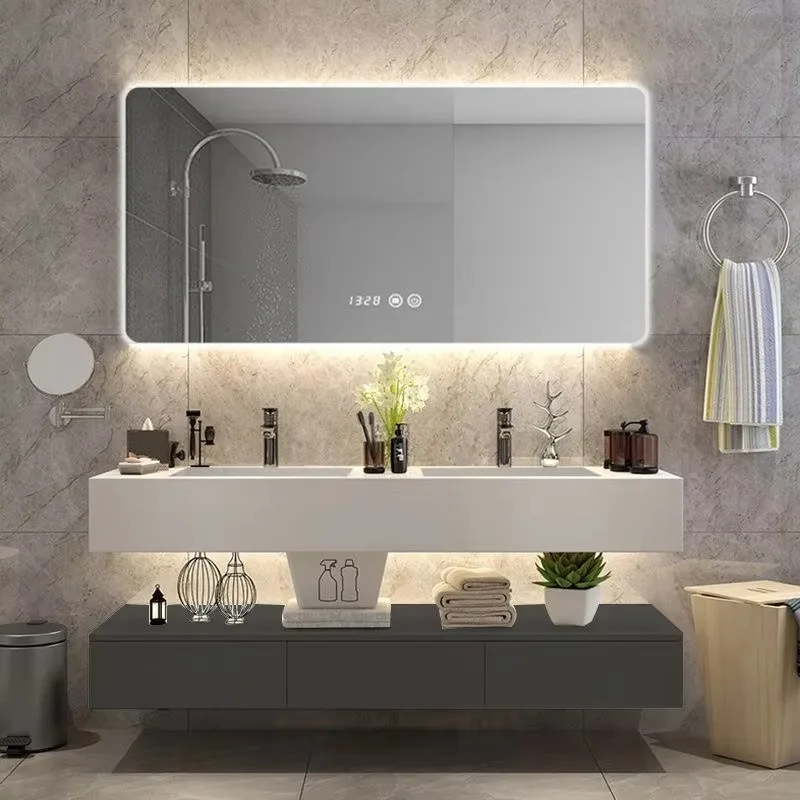 2025 Modern Wall-Mounted Bathroom Vanity Smart Mirror Ceramic Basin Apartment Use Hotel 5-Year Warranty Easy Installation