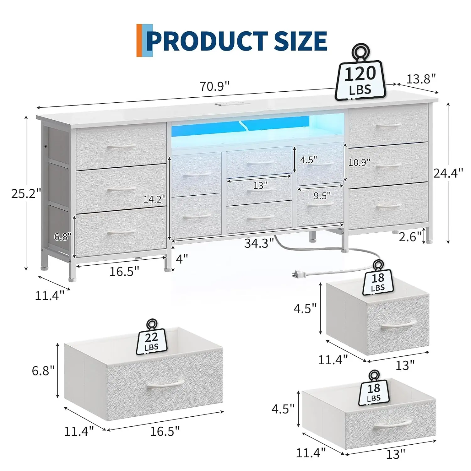 LED TV Stands for Living Room, 70 Inch Dresser TV Stand with 13 Drawers, Entertainment Center with Power Outlets,, Customized