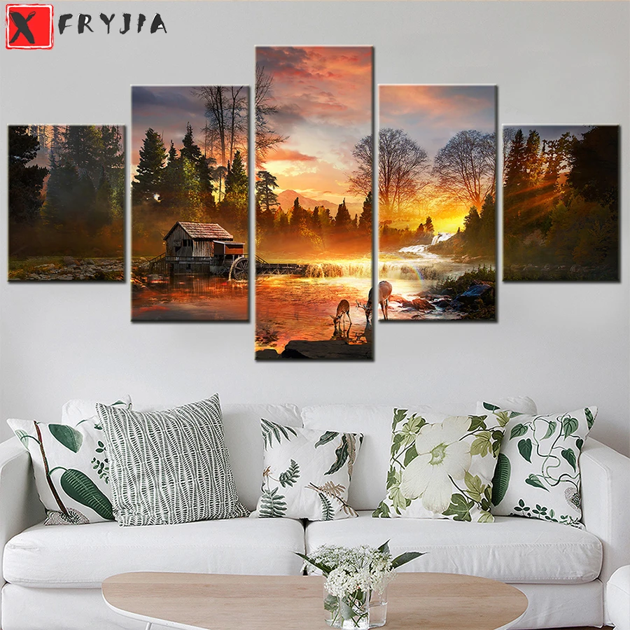 

New 5D Diamond Painting Sunset Village Cabin Forest Deer Landscape Diamond diy Embroidery Home Decoration Mosaic 5pcs