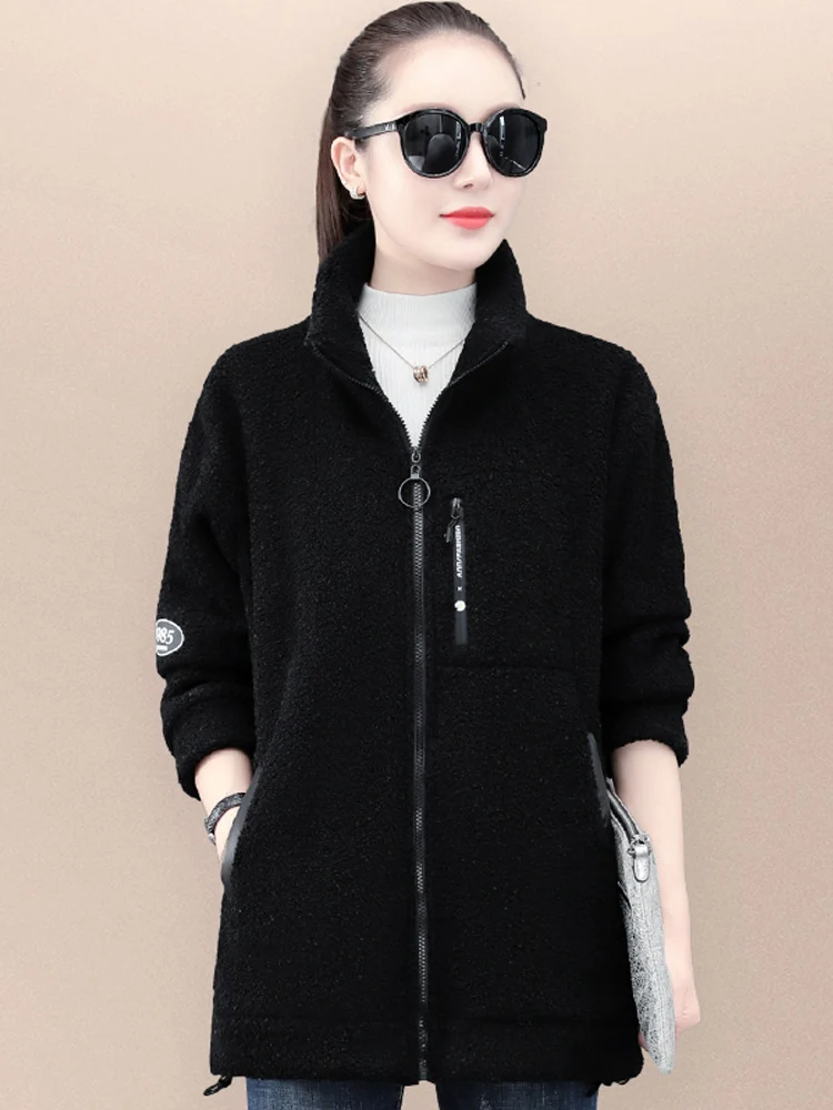 Ladies Short Jacket Lamb Fur Fleece Thickened Autumn Winter New Style Casual Loose Fit Mid-Length Zipper Closure Coat
