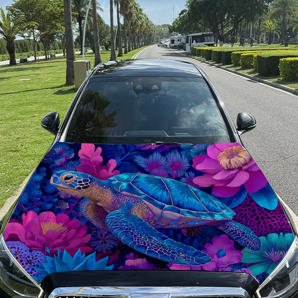 Ocean - Style Blue Sea Turtle and Flowers Car Vinyl Wrap, PVC Material Waterproof Car Hood Sticker, Self-Adhesive Scratch-Resist