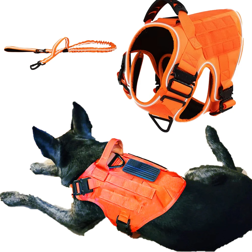 Reflective Orange Dog Harness Leash Set with 4 Metal Buckles Military Tactical Pet Training Vest Harness Leash for Large Dogs