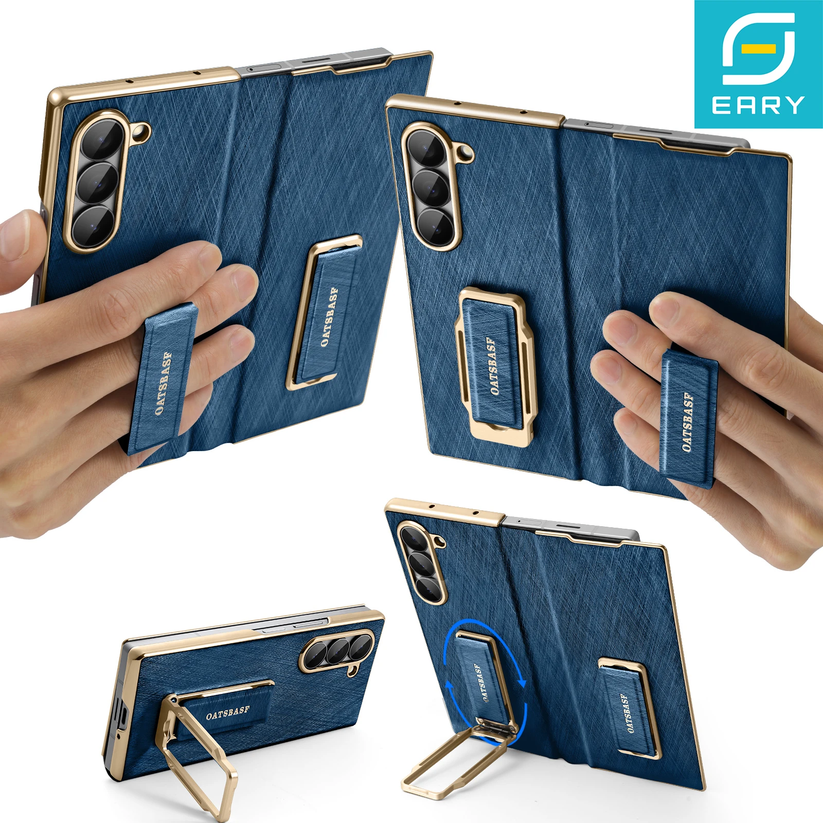 

Eary Dual Grip for Samsung Galaxy Z Fold 7 6 Leather Case with Hand Strap 360°Rotate Stand Full Protector Shockproof Phone Cover