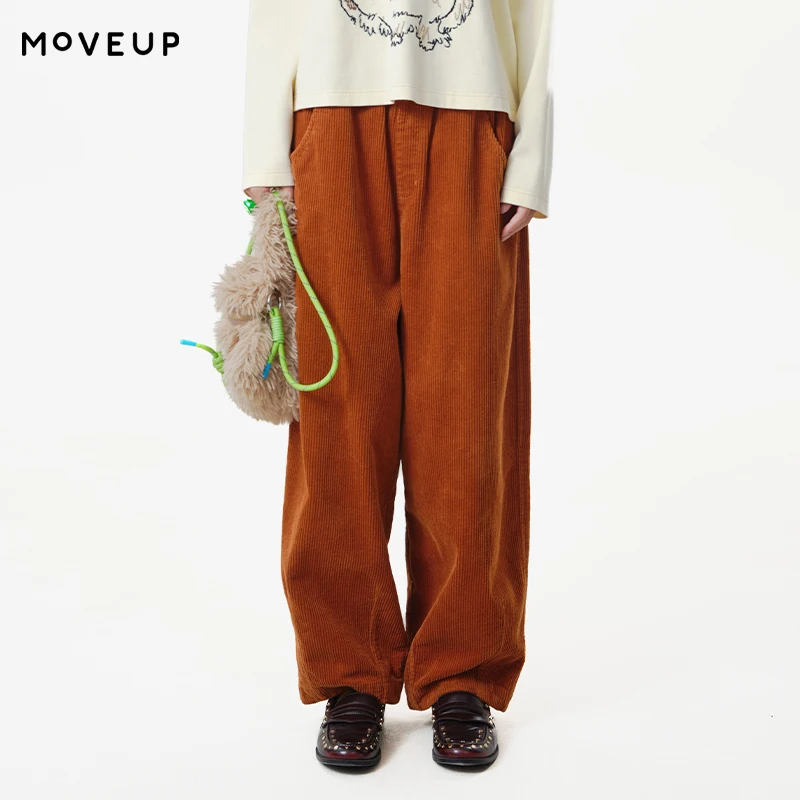 MOVEUP 100% Cotton Corduroy Elastic Waist Pants 2026 Autumn Embroidered Patch Slant Pocket Loose Straight‑Leg Trousers 3ELQ20111