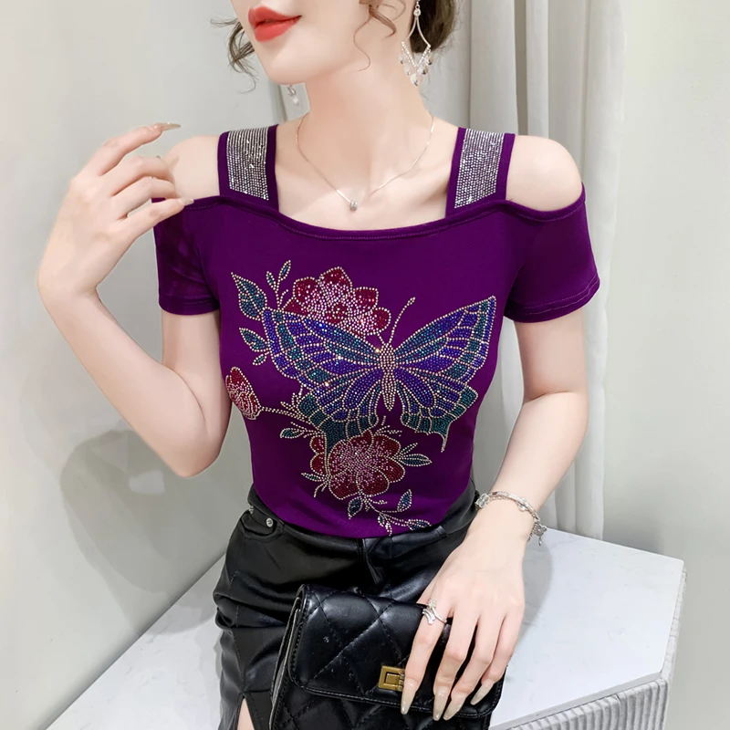 

New Women's Fashion T-shirt European Clothing Summer Sexy Off Shoulder Short Sleeve Ladies Tees Luxury Diamond Slim Fit Top