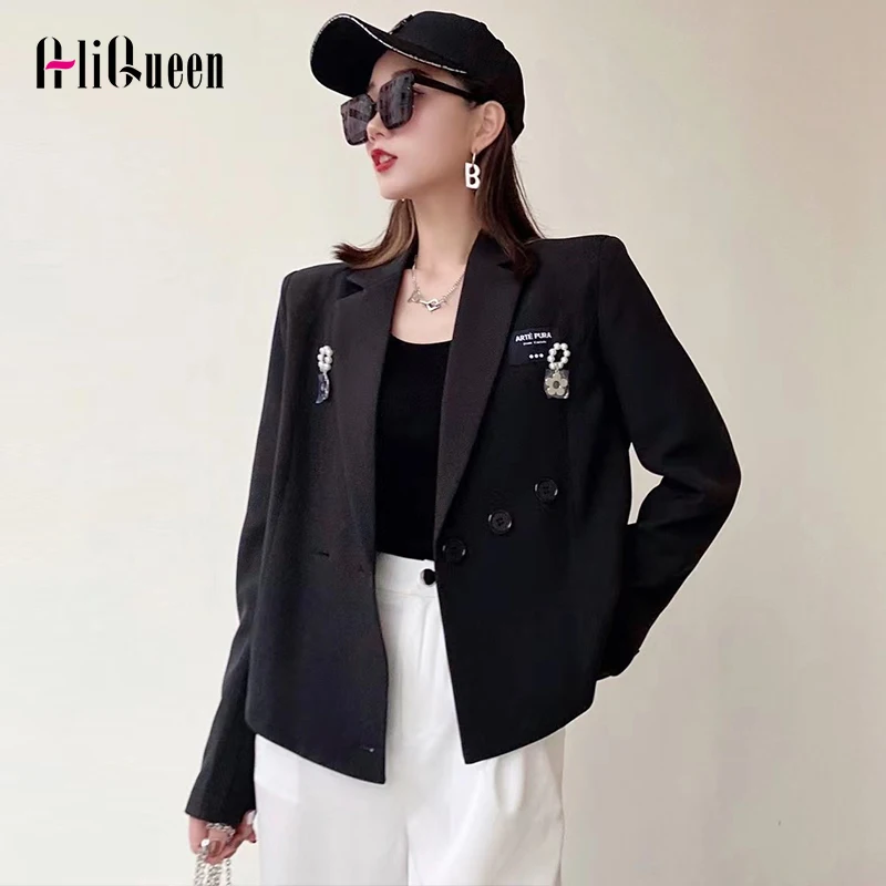 

Korean Women White Long Sleeve Single Breasted Short Blazers Vintage Black Beading Casual Blazer Coat Ladies Tops