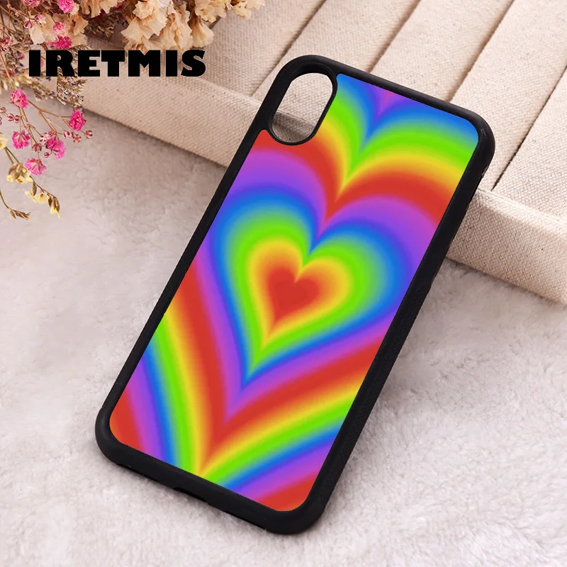 Iretmis Phone Cover Case For iPhone X XS Max XR 11 12 13 PRO MINI 14 15 16 Plus Rubber Silicone Rainbow Hearts