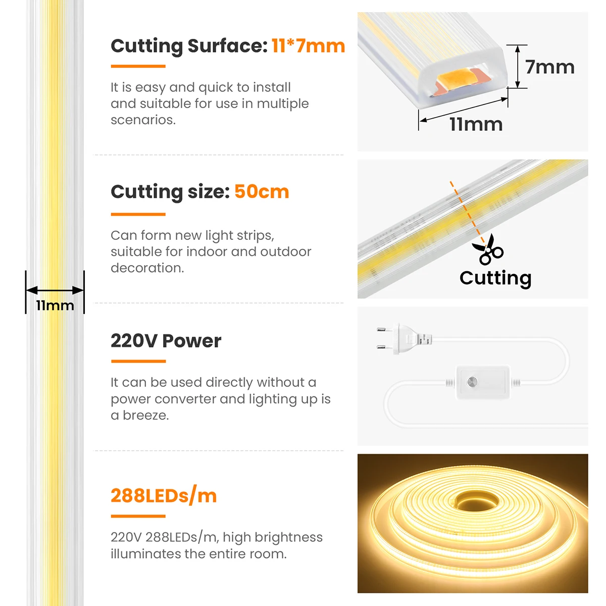 AC 220V Waterproof COB LED Strip Light Switch Dimmer With EU Plug Warm Natural White 288 LEDs/m Flex Tube Bright Linear Lighting
