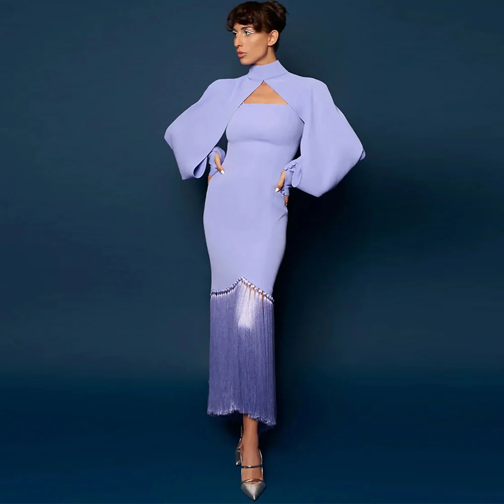 

Delicate Purple Jersey Evening Dress High Collar Long Sleeves Celebrity Gowns Delicate Tassel Customized Special Occasion Gowns
