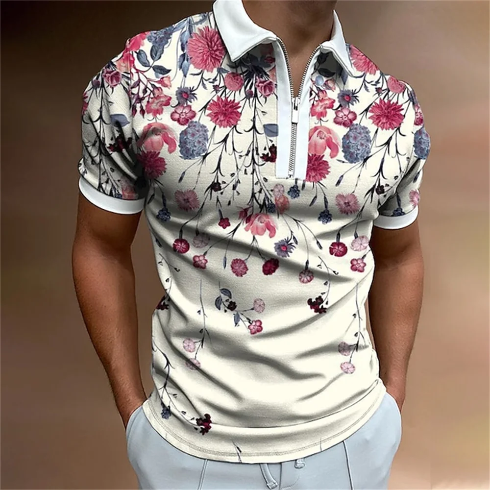 Fashion Zipper Polo Shirt For Men Floral Printed Daily Casual Short Sleeved Loose Oversized Shirt High Quality Men\'S Clothing