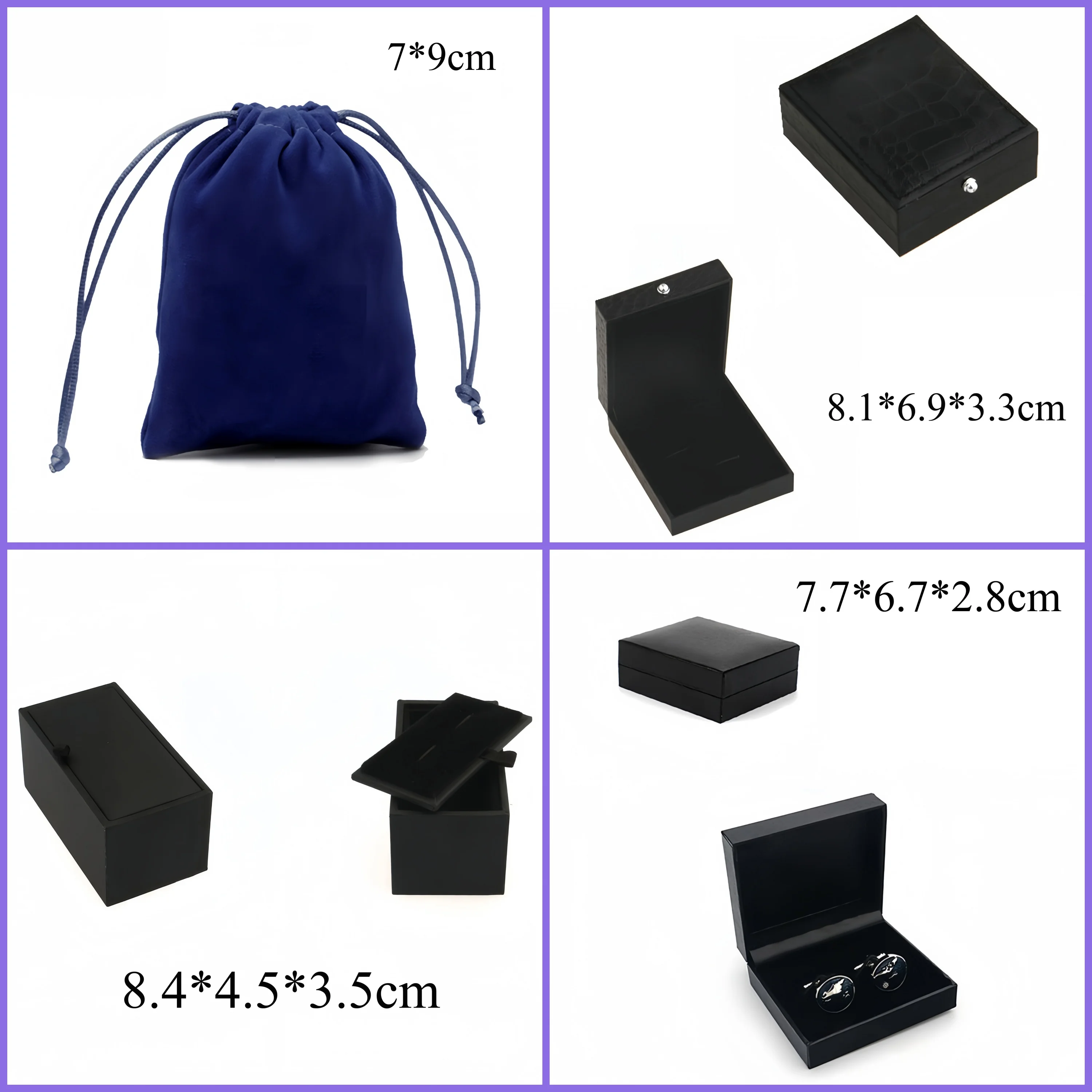 Annlyy Fashion Black Paper Leather Cufflink Cuff Link Box Purple Velvet Gift Bag