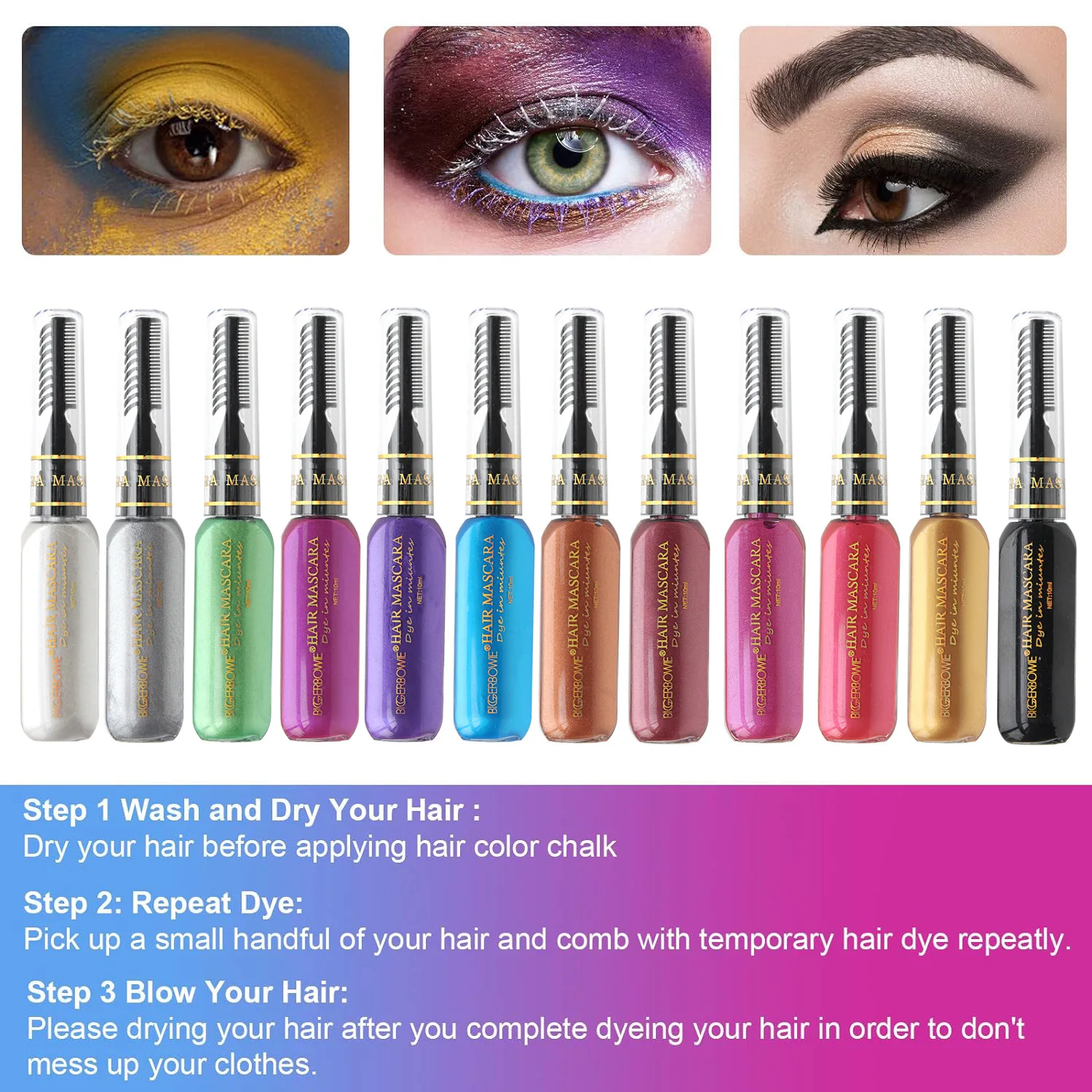 12 Colors/set Disposable DIY Colored Hair Dye and Tinted Colored Mascara Beauty Tool Washable Non-toxic Temporary Dual Purpose